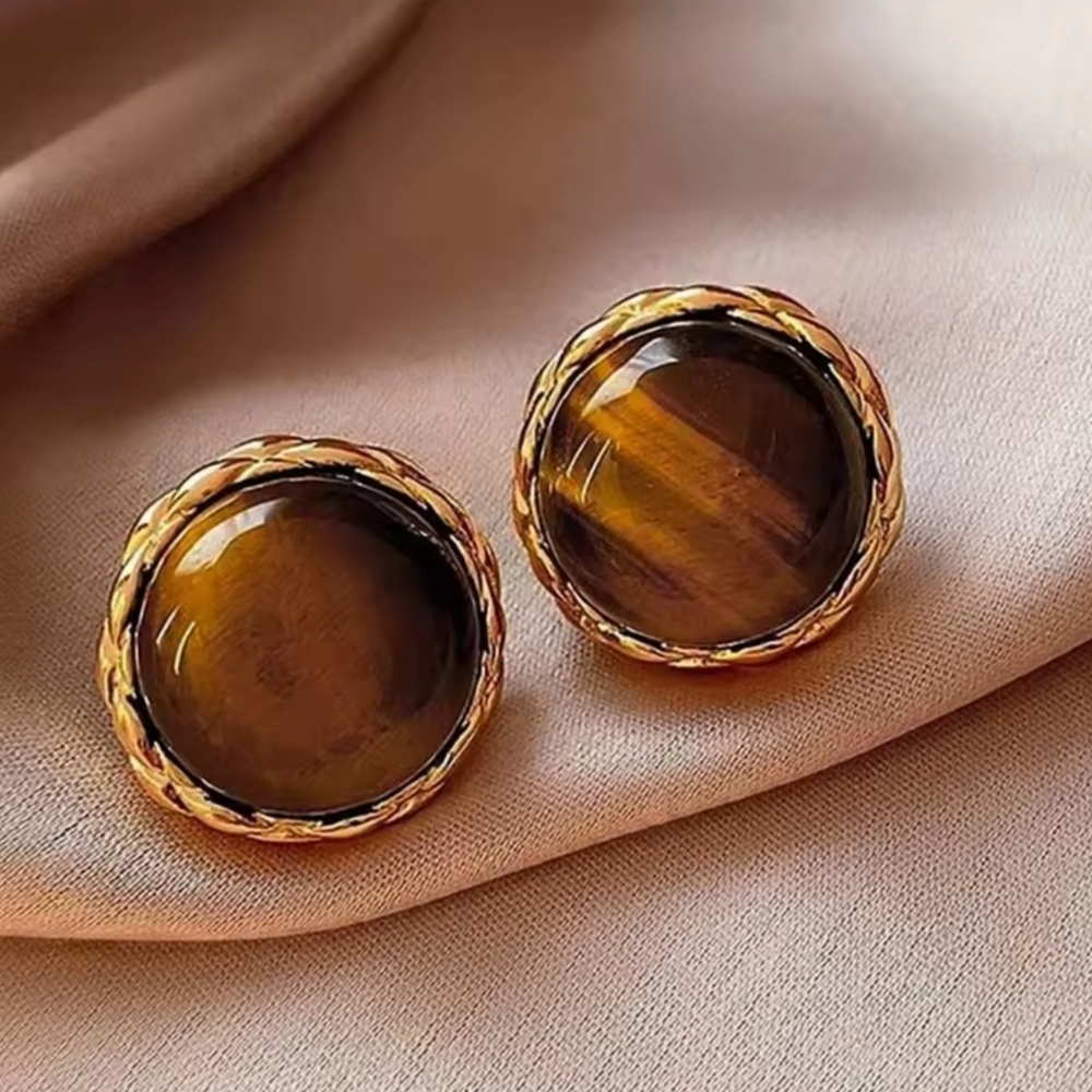 Tigers eye stud earrings; .79" round; NWOT